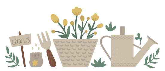 Vector illustration of colorful garden tools with flowers and plants. Flat style spring or summer picture isolated on white background. Gardening themed concept..