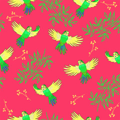 Seamless pattern of budgies in flight. Vector graphics.