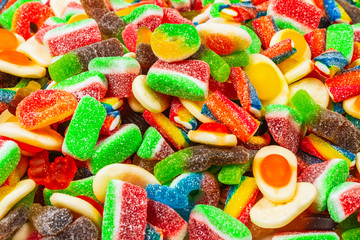 Assorted gummy candies. Top view. Jelly  sweets.