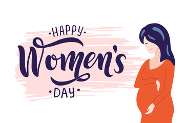 8 march, International Women's Day hand drawn lettering on pink brush stroke. Vector template with cute pregnant woman for card, poster, flyer. Vector illustration isolated on white background.