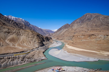 View of confluence of the Indus and Zanskar rivers
