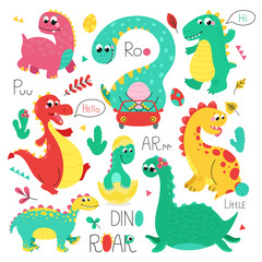 Set of vector illustrations with little funny dinosaurs.