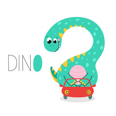 Vector image of a funny dinosaur got into a small car.