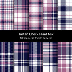 Seamless plaid pattern set. Multicolored tartan check plaid graphics in dark blue, pink, and white for flannel shirt, skirt, blanket, duvet cover, or other modern autumn winter textile design.