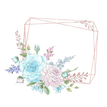 Watercolor neo vintage golden geometric frame with a beautiful bouquet of roses