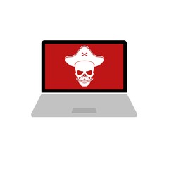 Laptop or notebook computer with skull or pirates icon or sign