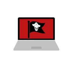 Laptop or notebook computer with skull or pirates icon or sign