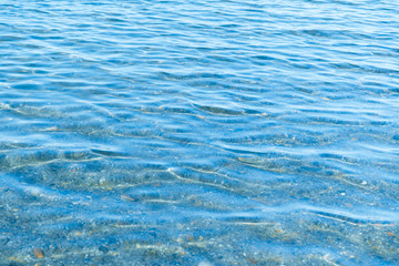 Sea blue water surface with waves near the shore. Background texture.