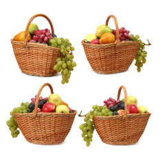 Four wicker baskets with fruits on a white background
