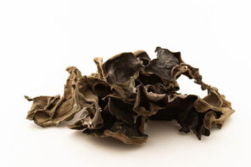 Dried wood ear mushroom on white background 