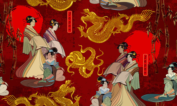 Japanese and Chinese culture horizontal seamless pattern. Red sun, octopus, golden dragons and geisha woman. Embroidery. Ancient asian art style