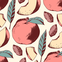 Botanical seamless pattern of hand drawn peach, halfs, seed, leaf