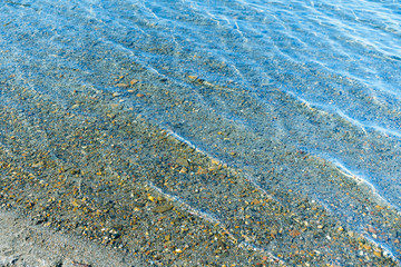 Sea blue water surface with waves near the shore. Background texture.