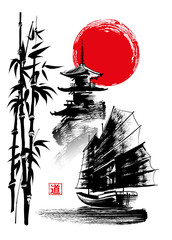 Sailing boat, Junk on the background of the pagoda and the rising sun. Vector illustration in traditional oriental style Sumi-e. Hieroglyph - Tao, Way. - obrazy, fototapety, plakaty