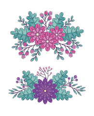 cute flowers with leafs decoration vector illustration design