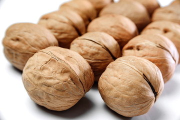 Several walnuts close-up lie on a white surface.