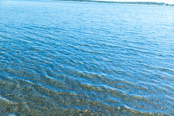 Sea blue water surface with waves near the shore. Background texture.