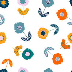 Cute seamless pattern with colorful painted flowers, vector