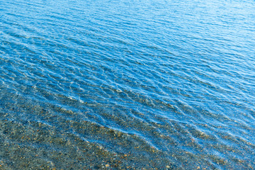 Sea blue water surface with waves near the shore. Background texture.