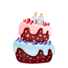 Cute cartoon 18 year birthday festive cake with candle number eighteen. Chocolate biscuit with berries, cherries and blueberries. For parties, anniversaries