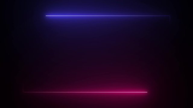 Empty frame with blue, pink neon light motion, moving fluorescent light glowing on black background. Blank rectangle frame by neon lights symmetry animation. The best stock neon flickering, blinking