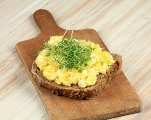 Scrambled eggs  over brown bread with garden cress. Homemade scrambled eggs served on the cutting board