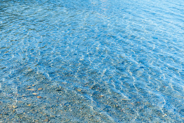 Sea blue water surface with waves near the shore. Background texture.