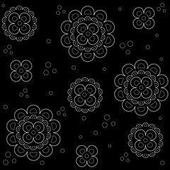 floral pattern with other decorative elements, white outline black background, vector illustration