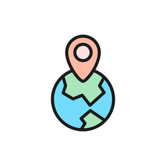 Globe with destination mark, location pin on earth flat color line icon.