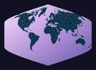 Abstract telecommunication world map. Baker Dinomic projection. World network map. Wired globe in Baker projection on geometric low poly background. Beautiful vector illustration.