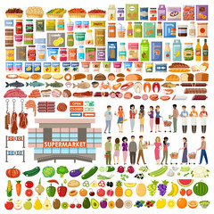 Supermarket. Big store set. Vegetables, fruits, fish, meat, dairy products, people