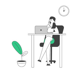 Procrastination Concept. Procrastinating Lazy Businesswoman Employee Yawning at Workplace Sitting at Office Desk Postponing Work, Unprofitable Working Time Cartoon Flat Vector Illustration, Line Art - obrazy, fototapety, plakaty