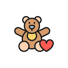 Bear toy, donation to children, charity flat color line icon.