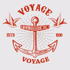 Illustration of vintage anchor with swallows in engraving style. Design element for logo, label, sign, poster, t shirt. Vector illustration