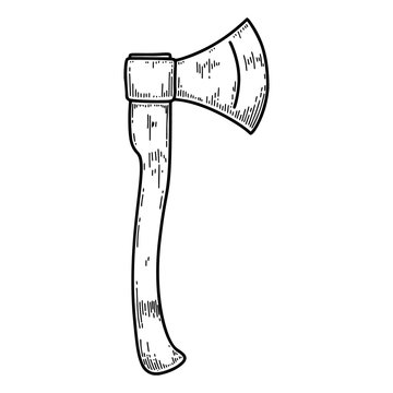 Illustration of lumberjack hatchet in engraving style. Design element for logo, label, sign, emblem, poster. Vector illustration