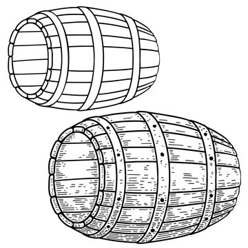 Illustrations of a barrel keg in engraving style. Design element for emblem, sign, poster, card, banner, flyer. Vector illustration