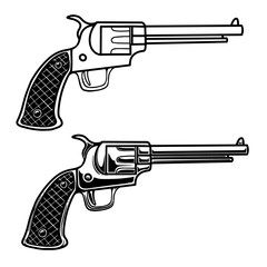Illustration of cowboy revolver in engraving style. Design element for logo, label, emblem, sign, badge. Vector illustration - obrazy, fototapety, plakaty