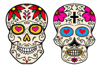 Set of vintage mexican sugar skull isolated on white background. Design element for logo, label, sign, poster. Vector illustration