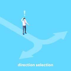 isometric vector image on a blue background, a man in business clothes is standing on a road divided into two opposite directions, choosing the right direction