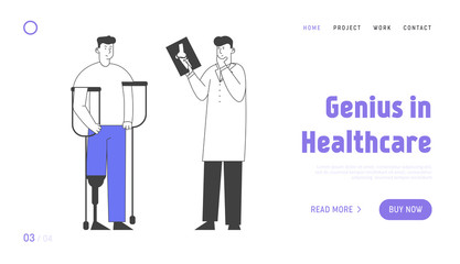 Orthopedics Healthcare Website Landing Page. Invalid Man Stand on Crutches with Leg Prosthesis Visit Orthopedy Clinic Communicate with Doctor Web Page Banner. Cartoon Flat Vector Illustration Line Art
