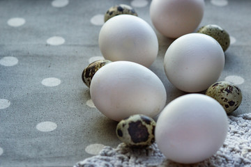 Pattern of quail eggs on a background of gray polka dot fabric