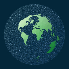 Abstract telecommunication world map. Azimuthal Equidistant projection. Green low poly world map with network background. Awesome connections map for infographics or presentation. Vector illustration.