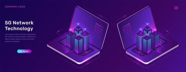 5G network technology, isometric concept vector illustration. Smart city, buildings with symbol wireless internet, open laptop icon isolated on ultraviolet background. High speed internet web page
