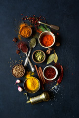 Assortment of natural organic spices. Top view with copy space.