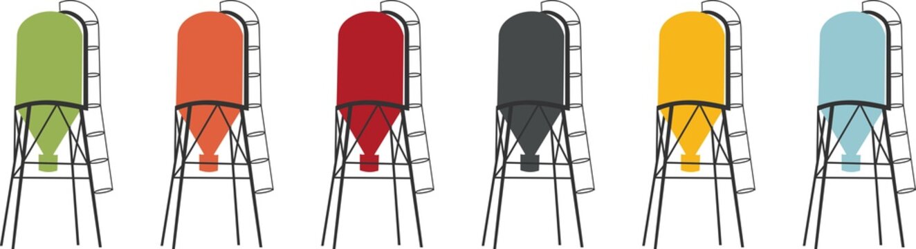 Coloured icons of grain silos for agriculture