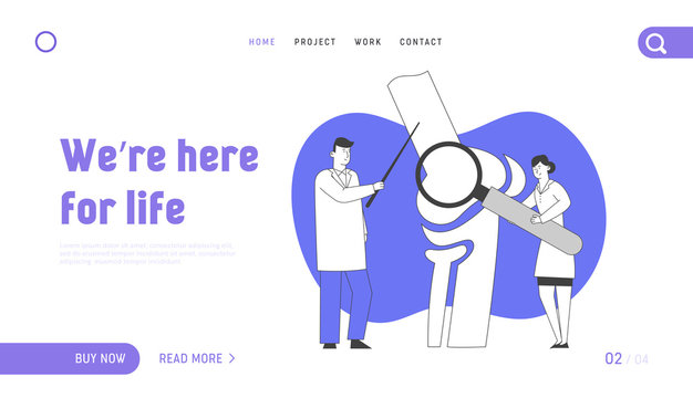 Orthopedics Healthcare Website Landing Page. Doctor Orthopedist Pointing on Huge Leg Bone, Nurse with Magnifying Glass. Medical Concilium Web Page Banner. Cartoon Flat Vector Illustration, Line Art