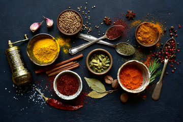 Assortment of natural organic spices. Top view with copy space.