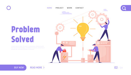 Startup Financial Idea Realization, Searching Solution Website Landing Page. Businesspeople Launch Lamp Pushing Lever Arm and Button in Gear Mechanism Web Page Banner. Cartoon Flat Vector Illustration