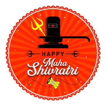 Happy Maha Shivrati Concept, Template, Banner, Logo Design, Icon, Poster, Unit, Label, Web, Symbol, Sign, Mnemonic with celebration in background. Shiv ling, Trishul and Damaru - Vector, Illustration