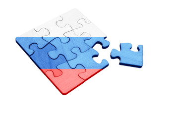 Incomplete Russian Flag Wooden Jigsaw Puzzle With Missing Piece. White isolated background